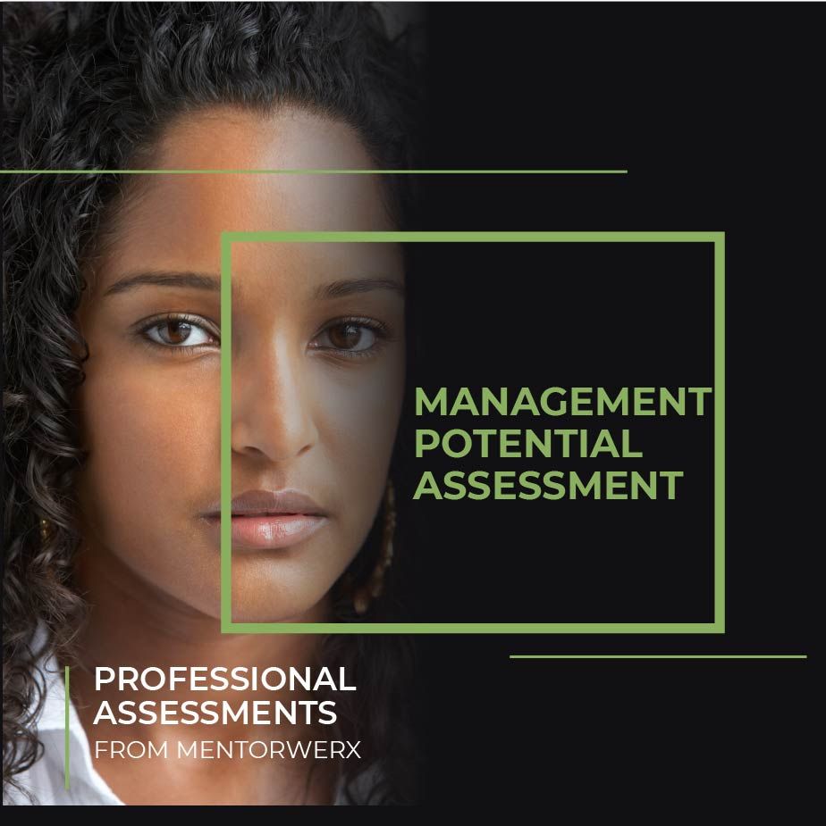 A graphic with a woman's face and the words "Management Potential Assessment."